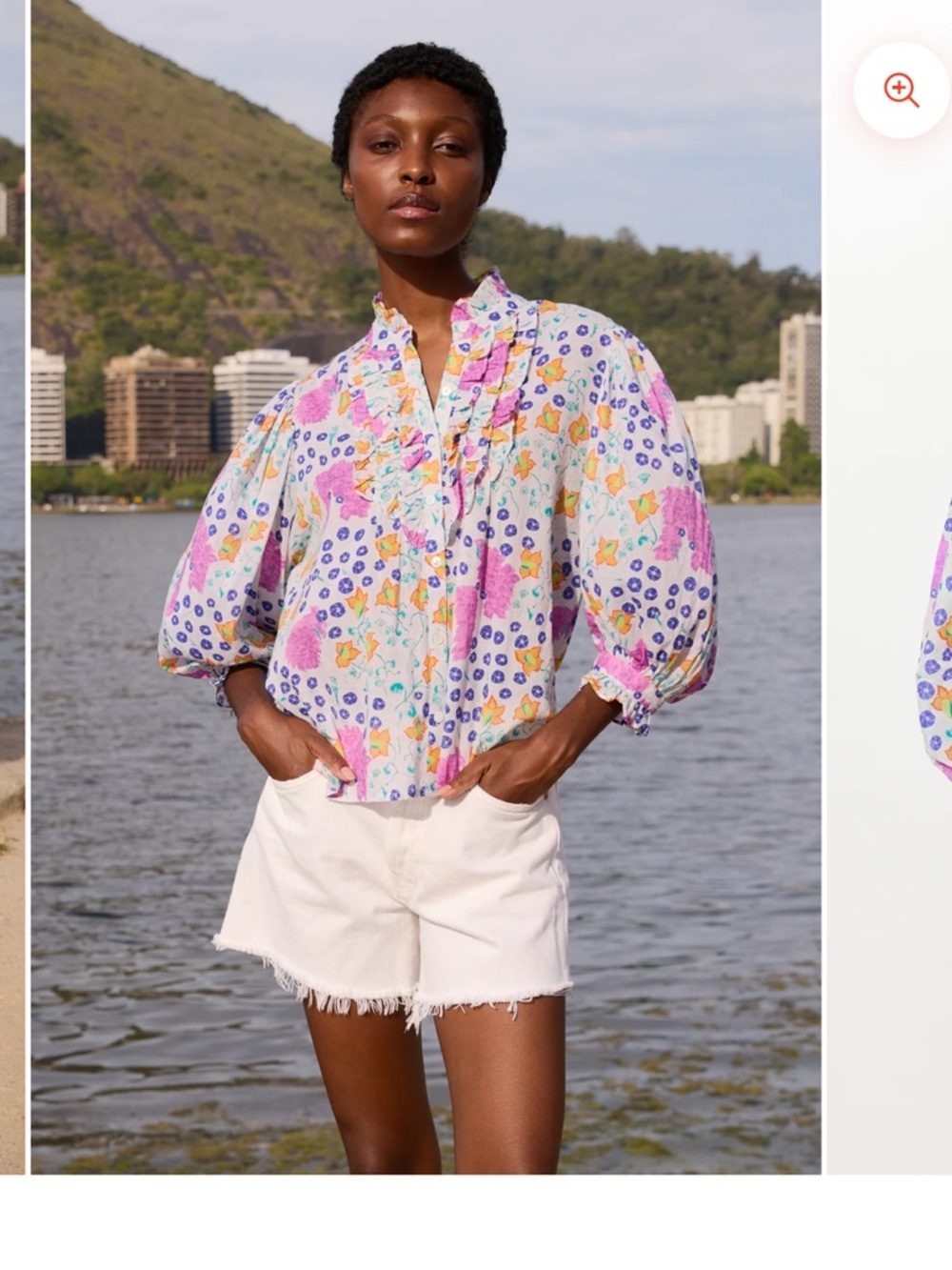 Oliphant Ruffle Front Button Blouse Fleur Lilac Floral Size M 100% Cotton